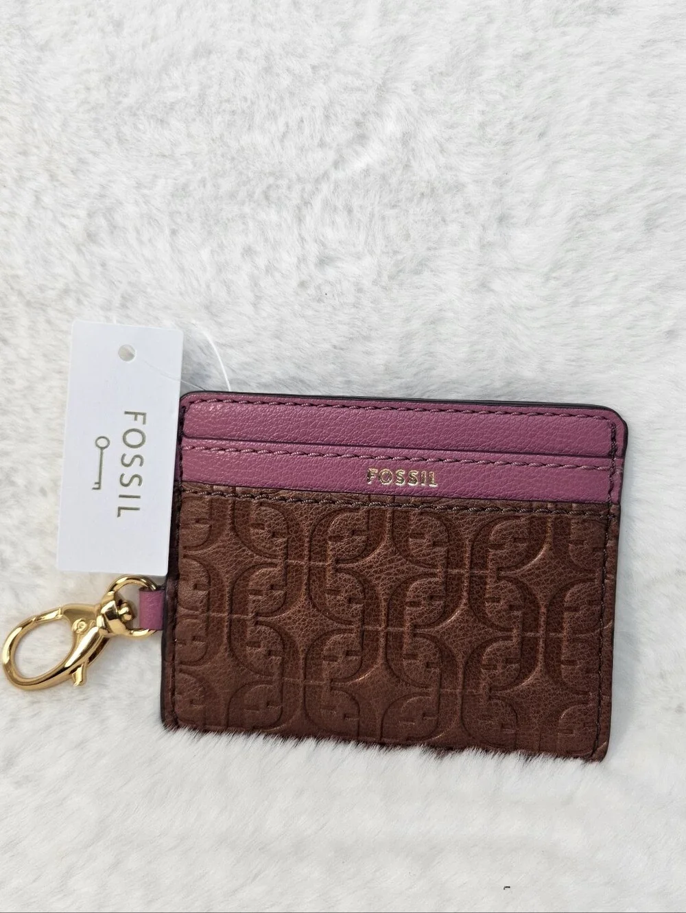Fossil Pink and Brown Embossed Card Holder with Gold Key Clip